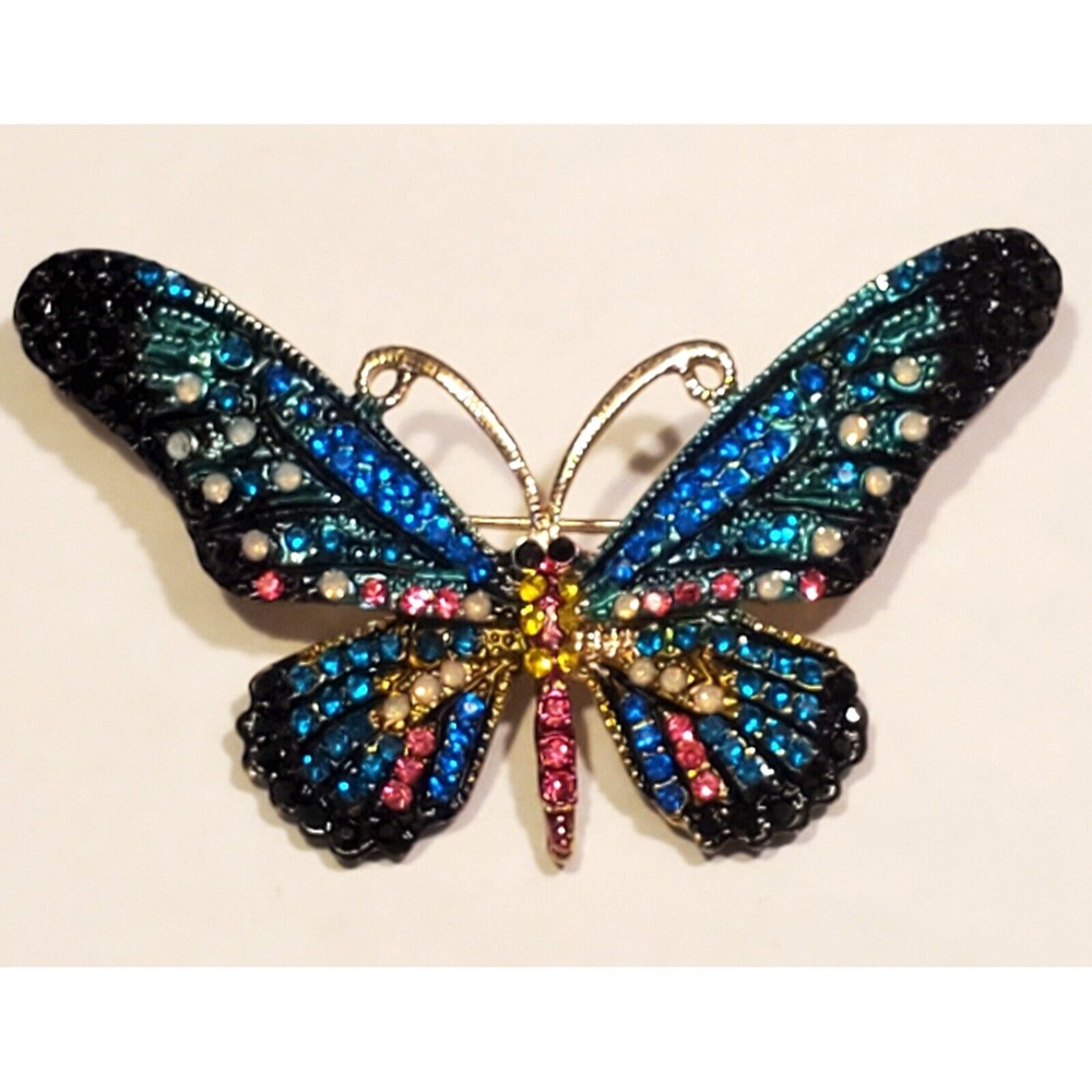 Gold Tone Metal Multicolor Encrusted Rhinestone Butterfly Brooch Pin Sparkle